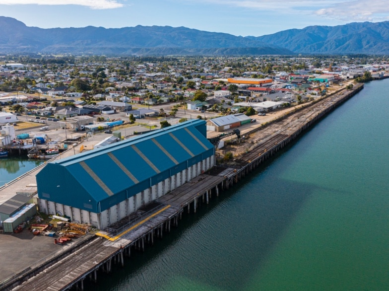 Drone shot of the port infrastructure and the storage shed